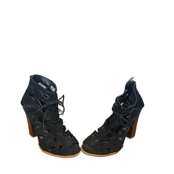 Mia Black Suede Caged Open Toe Lace Up Ankle Heels Women Sz 7 - Picture 4 of 12